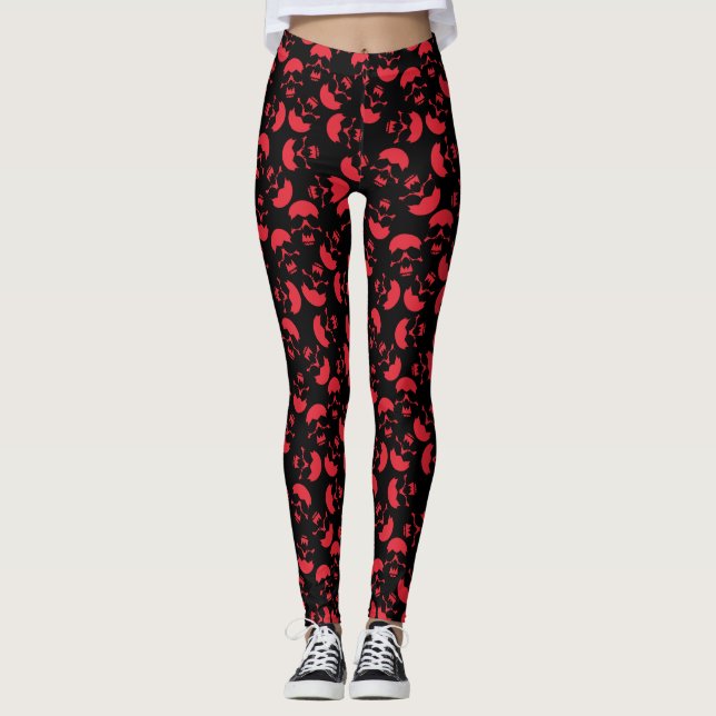 Red and Black Dark Aesthetic Skull Pattern Leggings (Front)