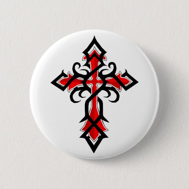 Red and Black Decorative Jesus Christ Cross 6 Cm Round Badge (Front)
