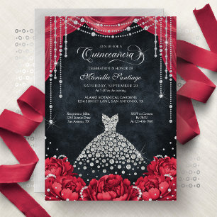 Red and Black Diamond Floral Quinceanera Invitation