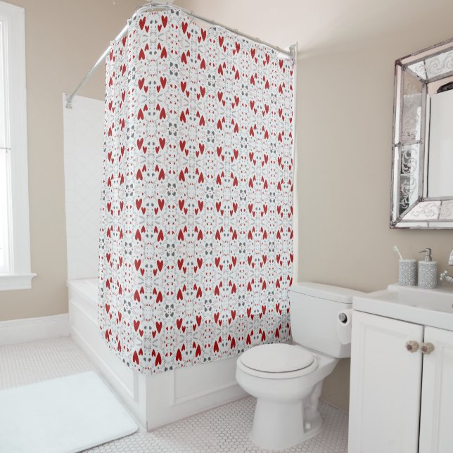 Red and Black Doodle Hearts Geometric Love  Shower Curtain (In Situ)