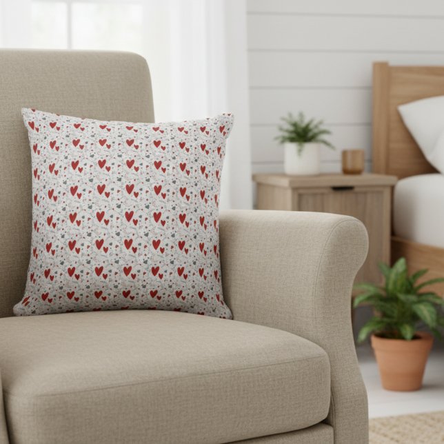 Red and Black Doodle Hearts Love  Cushion (cute red and black hearts doodles accent pillow for her valentines theme bedroom decor)