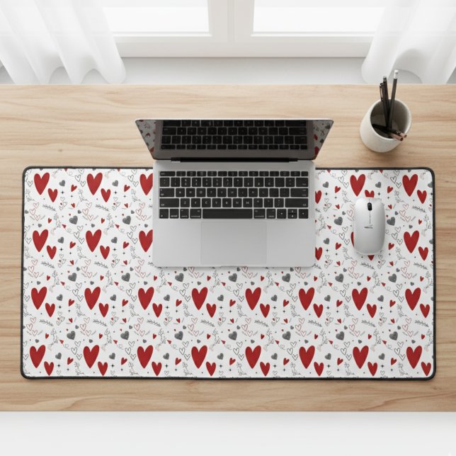 Red and Black Doodle Hearts Love  Desk Mat (red and black hand drawn hearts and doodles desk mat for home office work gift for her mom wife gf)