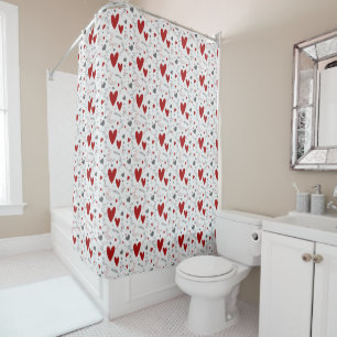 Red and Black Doodle Hearts Love  Shower Curtain