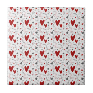 Red and Black Doodle Hearts Love  Tile