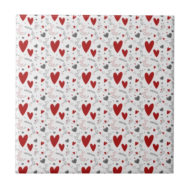 Red and Black Doodle Hearts Love  Tile (Front)