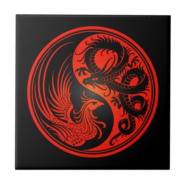 Red and Black Dragon Phoenix Yin Yang Tile (Front)