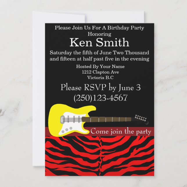 Red And Black Electric Guitar Birthday Invitation (Front)
