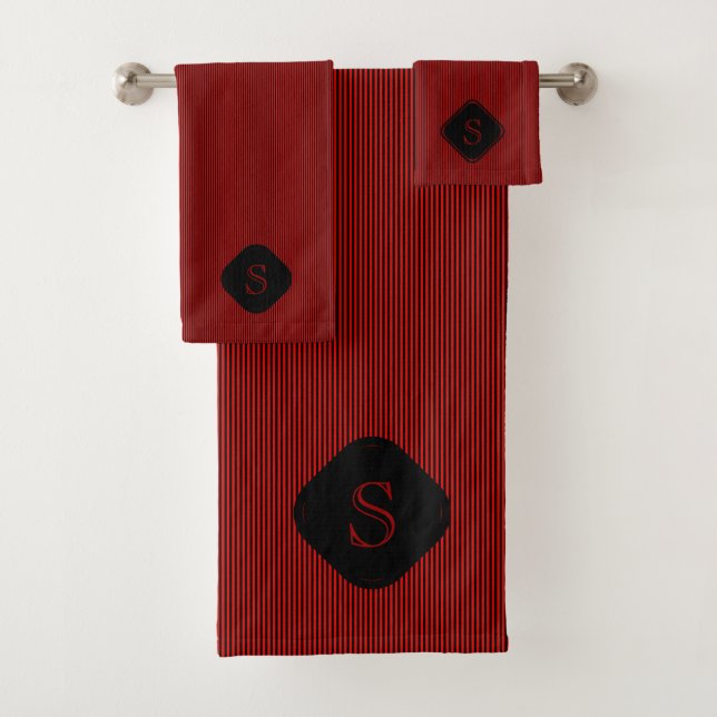 Red and black fine vertical stripes monogram bath towel set (Insitu)