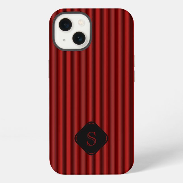 Red and black fine vertical stripes monogram iPhone case (Back)