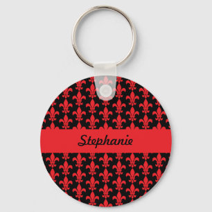 Red and Black Fleur de Lis Pattern Key Ring