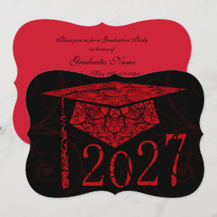 Red and Black Floral Cap 2027 Graduation Party Invitation