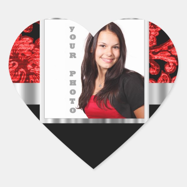 Red and black floral damask template heart sticker (Front)