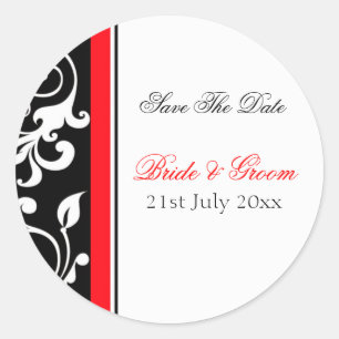 Red and Black Floral Save The Date... Classic Round Sticker