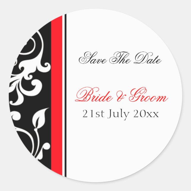 Red and Black Floral Save The Date... Classic Round Sticker (Front)