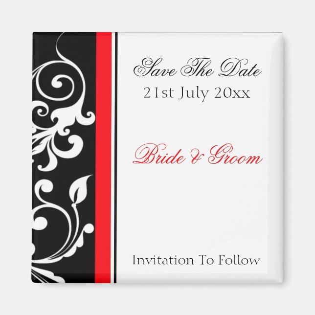 Red and Black Floral Save The Date Magnet (Front)