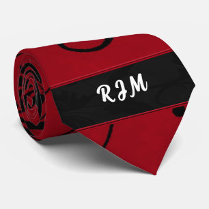 Red and Black Floral Swirl Damask Monogram Tie