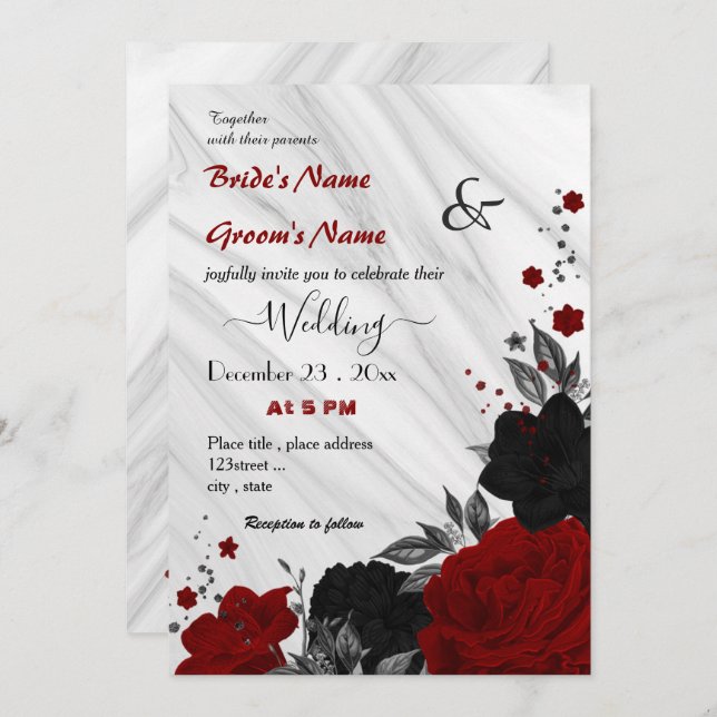 red and black floral wedding invitation (Front/Back)