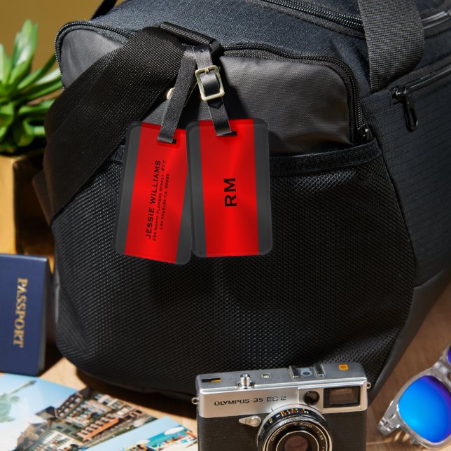 Red and black geometric design luggage tag (Front & Back)