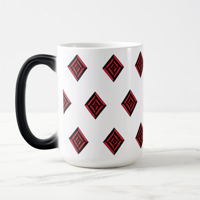 Red and Black Geometric Diamond Pattern Modern Tot Magic Mug (Left)