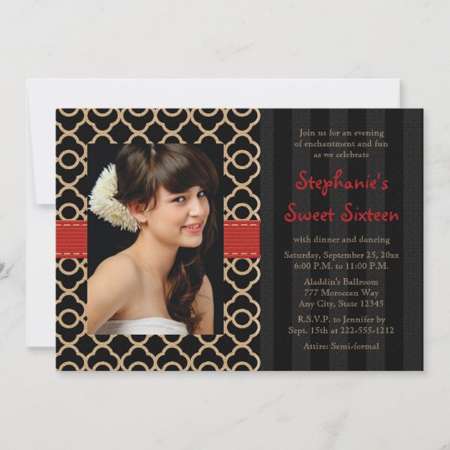 Red and Black Gold Moroccan Sweet Sixteen Photo Invitation (Front)