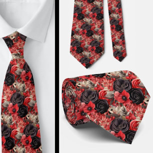 Red and Black Goth Watercolor Floral Neck Tie