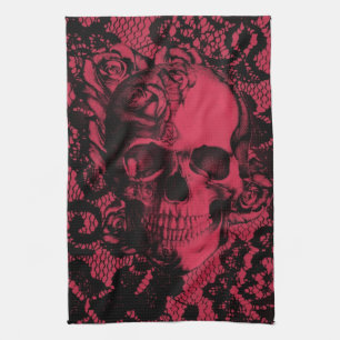 Red and black gothic lace skull. tea towel