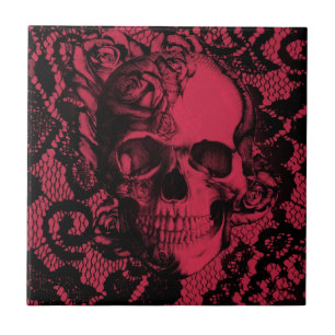Red and black gothic lace skull. tile