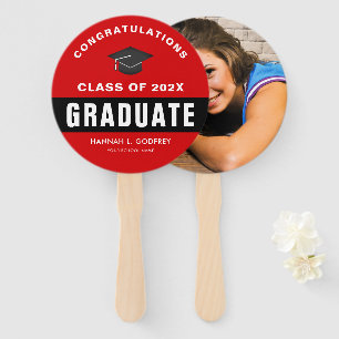Red and Black Graduation Congratulations Photo Hand Fan