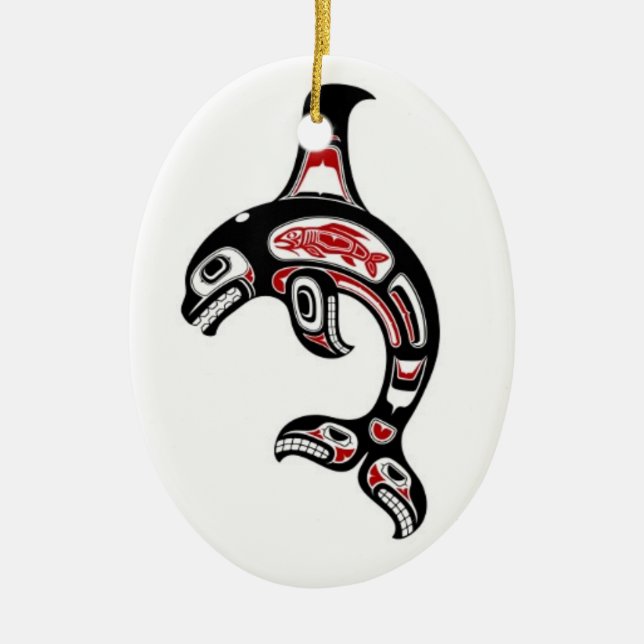 Red and Black Haida Spirit Killer Whale Ceramic Tree Decoration (Front)
