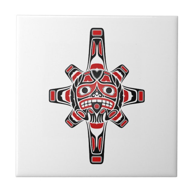 Red and Black Haida Sun Mask on White Tile (Front)