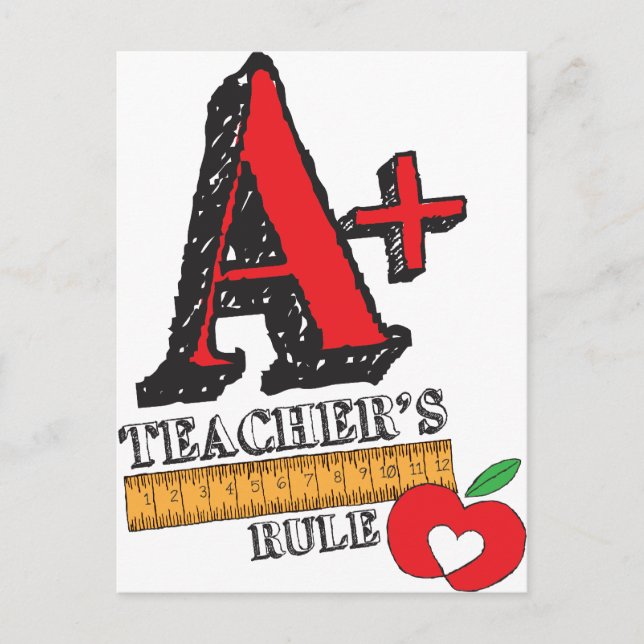 Red and Black Hand Drawn A Plus Teachers Rule Postcard (Front)