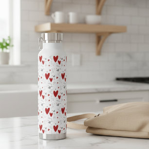 Red and Black Hand Drawn Doodle Hearts Water Bottle