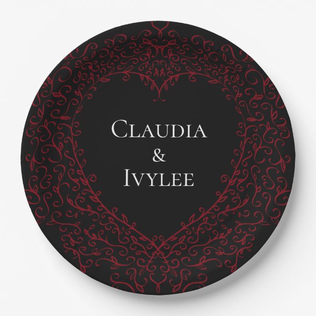 Red and Black Heart Gothic Wedding Paper Plates (Front)