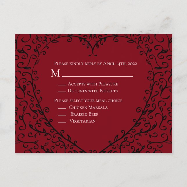 Red and Black Heart Gothic Wedding Reply Card (Front)
