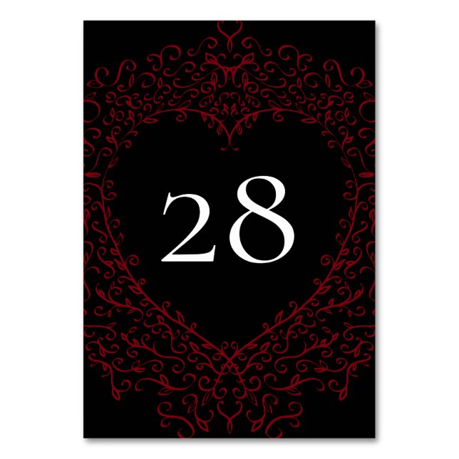 Red and Black Heart Gothic Wedding Table Number (Front)