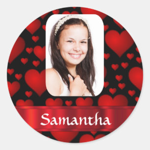Red and black heart personalised photo classic round sticker