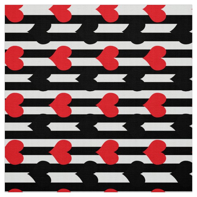 Red And Black Hearts On Stripes Fabric (Swatch)