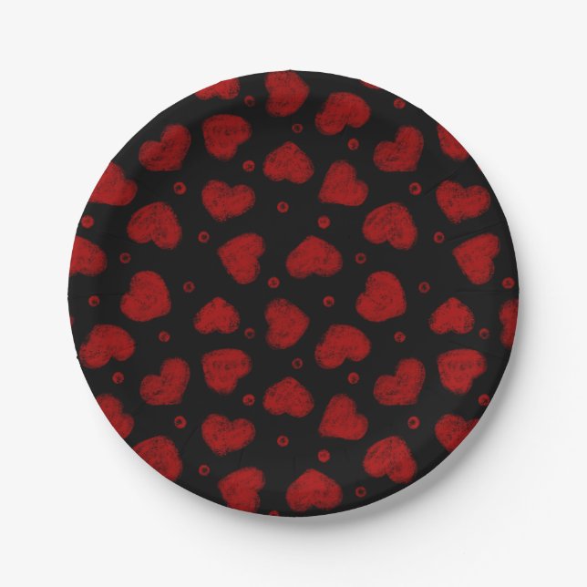 Red and Black Hearts pattern Paper Plate (Front)