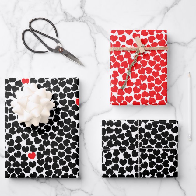 Red and Black Hearts Wrapping Paper Sheet (Front)