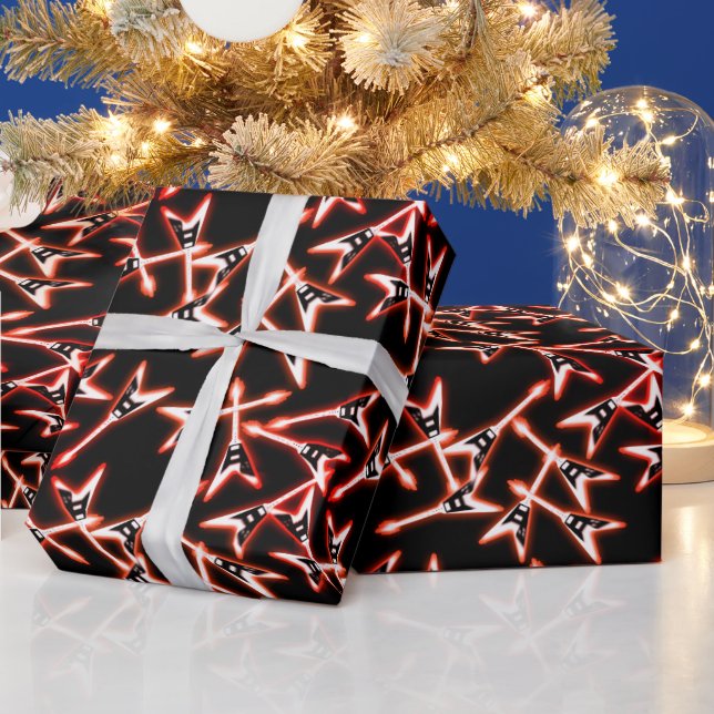 Red and Black Heavy Metal Electric Guitar Pattern Wrapping Paper (Holidays)