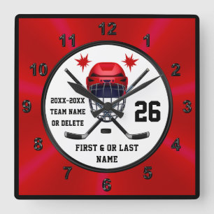 Red and Black, Hockey Clock, Hockey Wall Decor Square Wall Clock