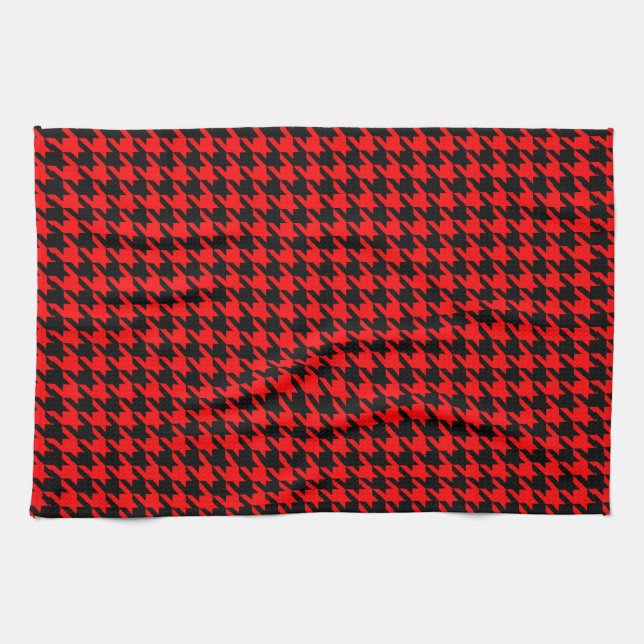 Red and Black Houndstooth Check Tea Towel (Horizontal)