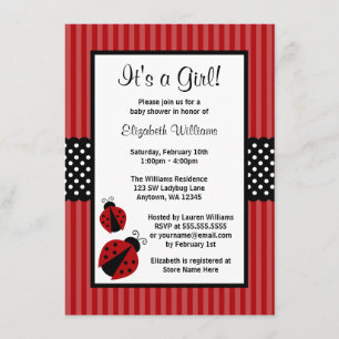 Red and Black Ladybug Striped Dots Baby Shower Invitation