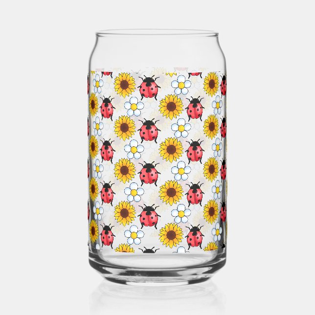 Red And Black Ladybug With Flowers  Can Glass (Back)