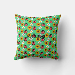Red And Black Ladybug With Flowers Cushion