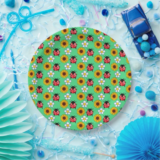 Red And Black Ladybug With Flowers  Paper Plate (Party)