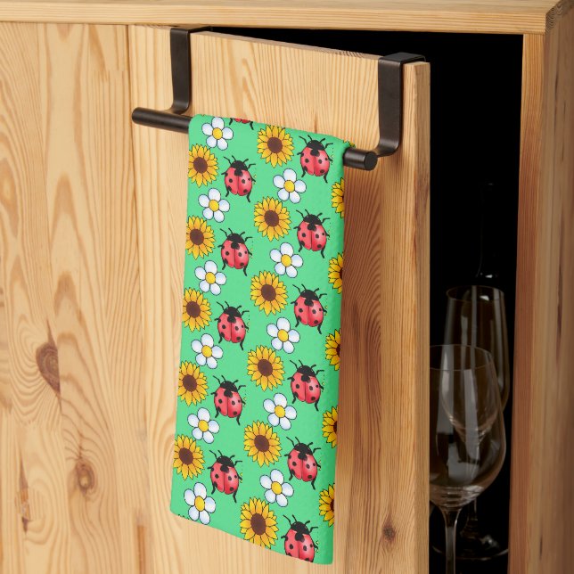 Red And Black Ladybug With Flowers  Tea Towel (Thirds Fold)