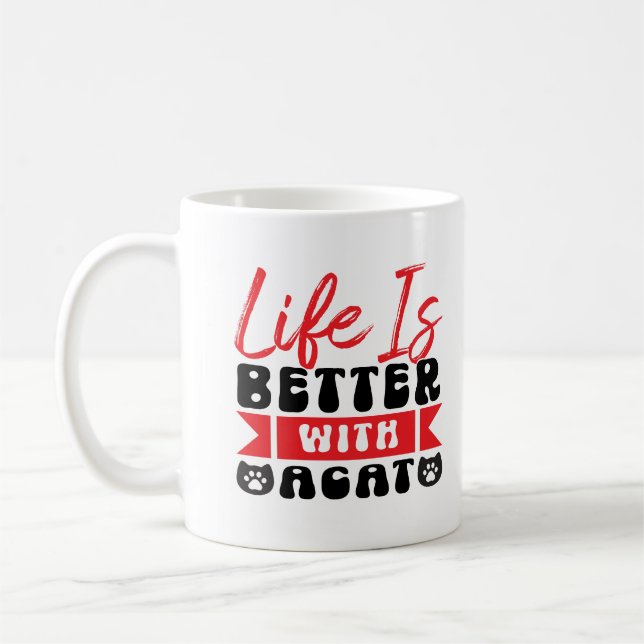 Red and black-Life is better with a cat cute Coffee Mug (Left)