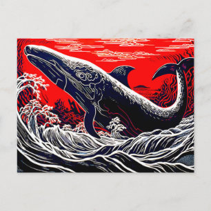 Red and Black Linocut Sperm Whale Breach Postcard