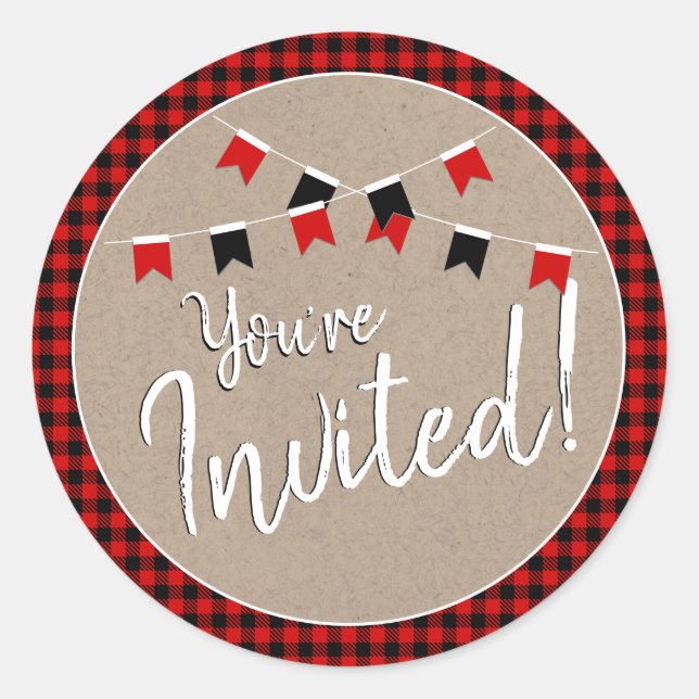 Red and Black Lumberjack Check You're Invited Classic Round Sticker (Front)